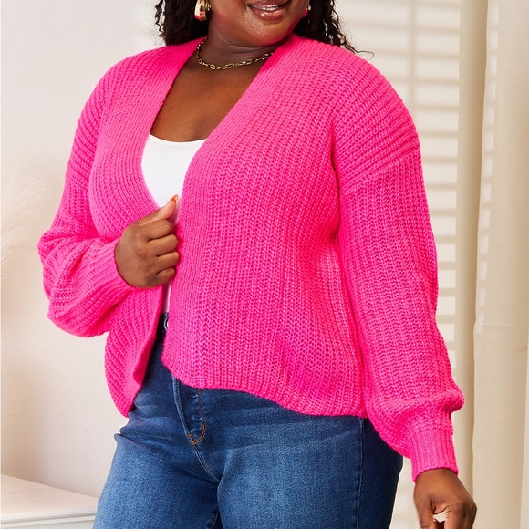 NEW Woven Right Hot Pink Ribbed Knit Open Front Drop Shoulder Cardigan Sweater - Picture 4 of 12